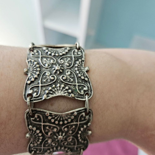 Ethnic boho carved silver bracelet