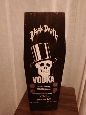 Wooden Black Death Vodka Coffin collectible, like new