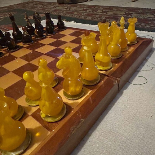 Amber Chess Set used, Soviet Union, pressed elektron material