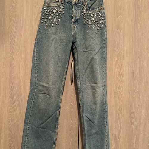 Stradivarius straight-leg jeans with rhinestones like new, turquoise