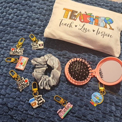 Teacher Gift Set fabric pouch with brush, mirror, hair tie and keychain