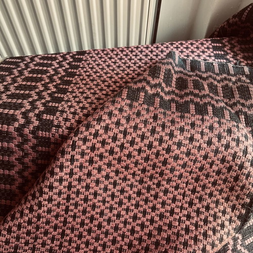 Handwoven wool runner rug, burgundy, mosaic weave