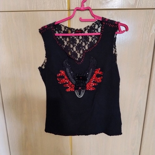 Lucifair blouse like new with embroidery and lace back, black, size L