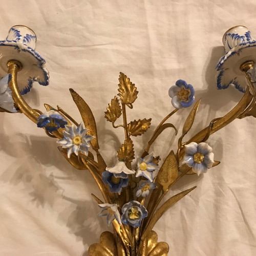 Antique wall lights used, set of 2 with porcelain flowers