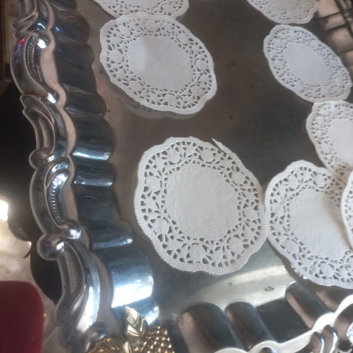 Vintage metal serving tray with gold grapes and 12 paper coasters used