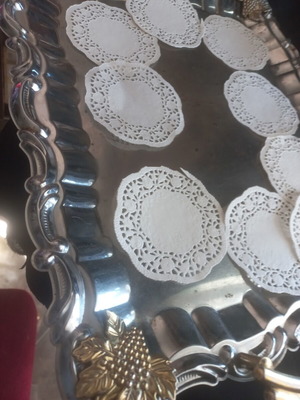 Vintage metal serving tray with gold grapes and 12 paper coasters used