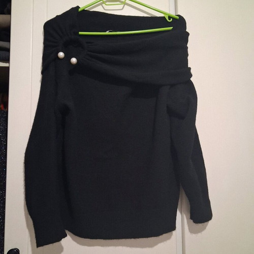 Bisou Black Knitted Sweater with Off-Shoulder Pearls Like New