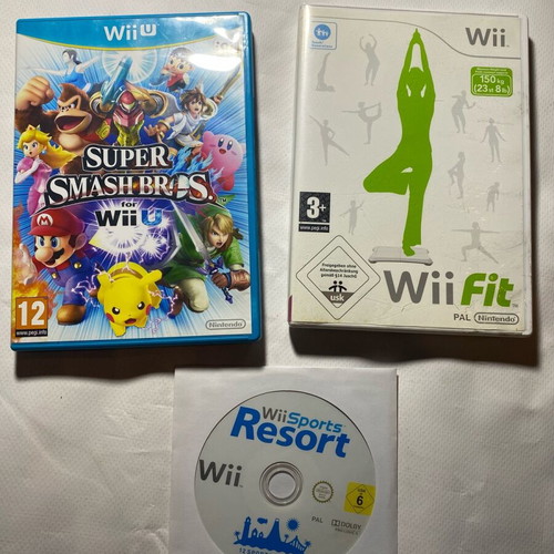 Wii and Wii U games used, Super Smash Bros, Wii Fit, Wii Sports Resort