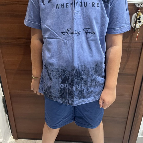 Hashtag blue fabric bermuda shorts and shirt set