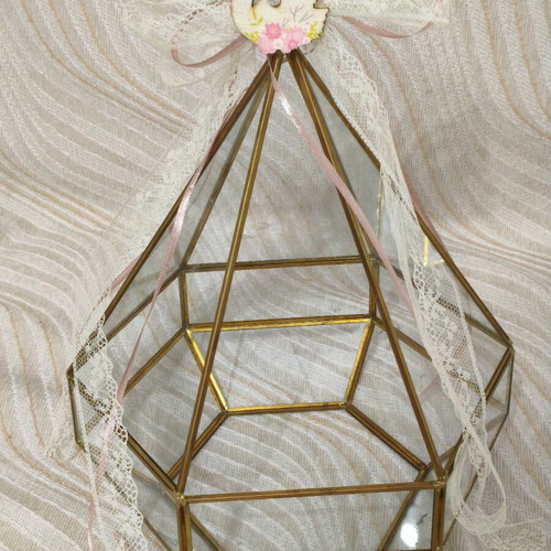 Polygonal glass container in gold color with swan decoration new