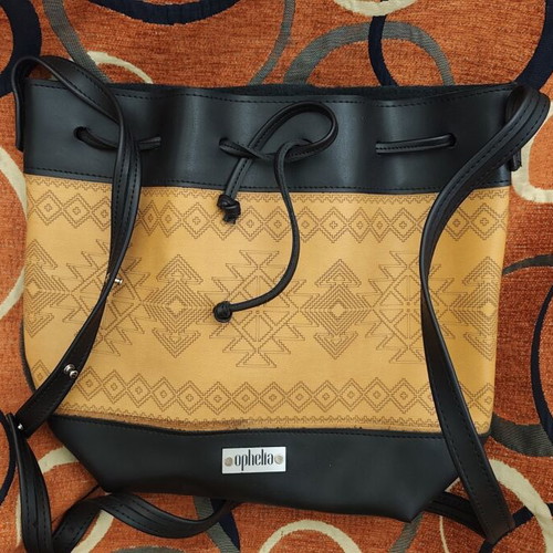 Ophelia handmade women's shoulder bucket bag, ethnic geometric design
