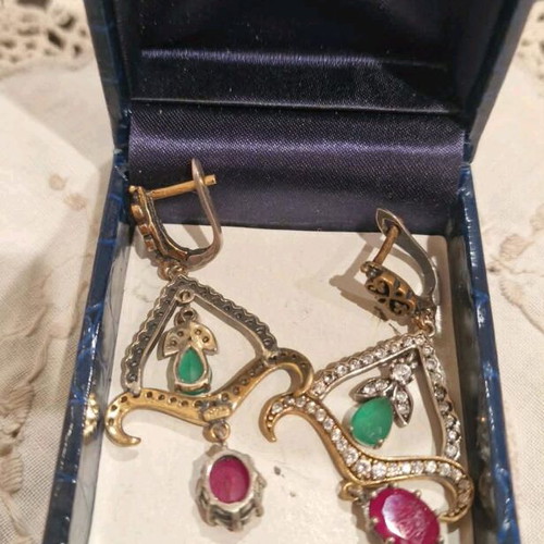 Vintage earrings made of silver and gold with emeralds and rubies like new