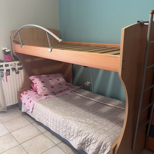 Bunk bed set with desk, shelves and storage, like new