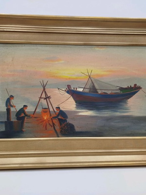 Oil painting Fire on the beach on plywood like new, collectible 60x120 with frame