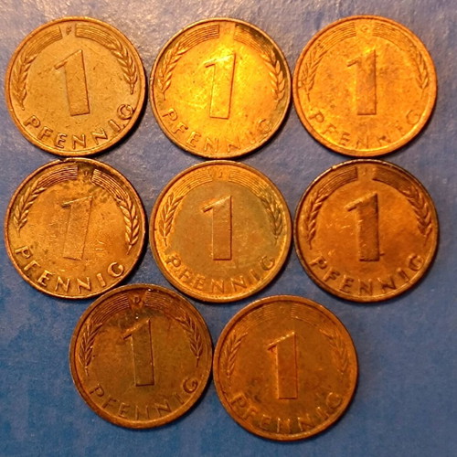 Coins 8 used 1 pfennig Germany 1948-1985