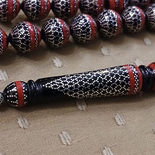 Worry beads black coral and silver with red coral, like new