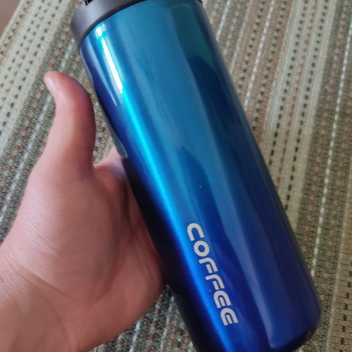 Coffee thermos container used, blue metallic, 500 ml