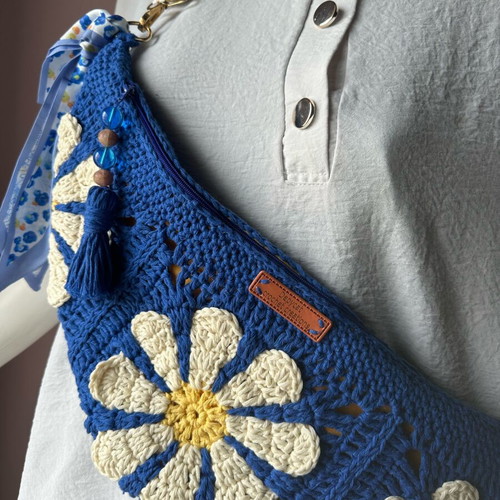 Handmade crochet shoulder bag crossbody blue with flower design