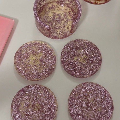 Coasters with liquid glass and gold purple leaves new