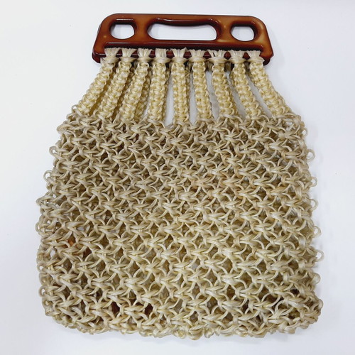 Hand-knotted nylon bag with vintage brown plastic handles, like new