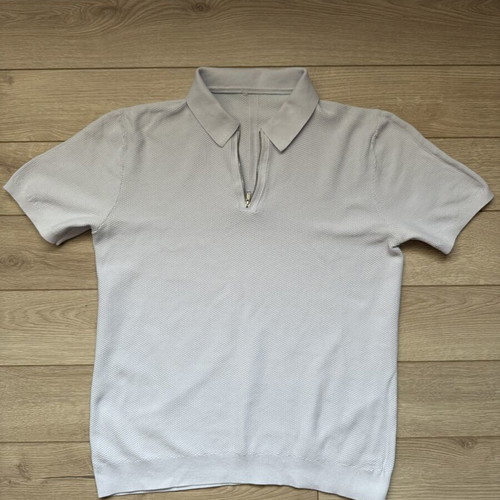 Reiss Tomas zip neck knitted polo shirt, size M, light ice blue