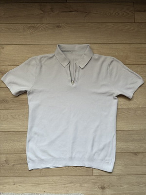 Reiss Tomas zip neck knitted polo shirt, size M, light ice blue