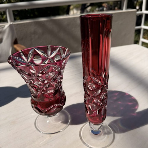 Vintage Ruby Red Overlay Crystal Vase Set like new