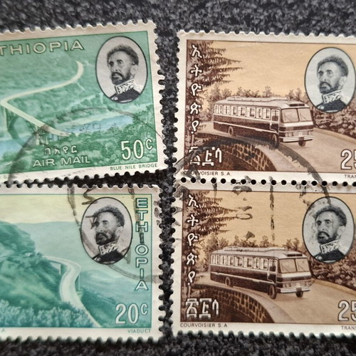 Vintage Ethiopian Stamps used, set of 4 with Haile Selassie & Biamax buses