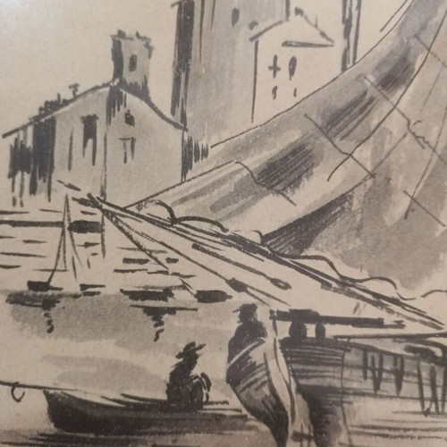 Watercolor painting with sailboats used, signed by D. Ioannou