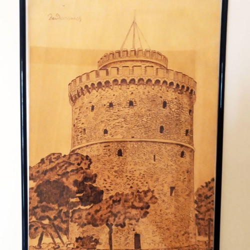 Woodburning painting White Tower new on poplar wood