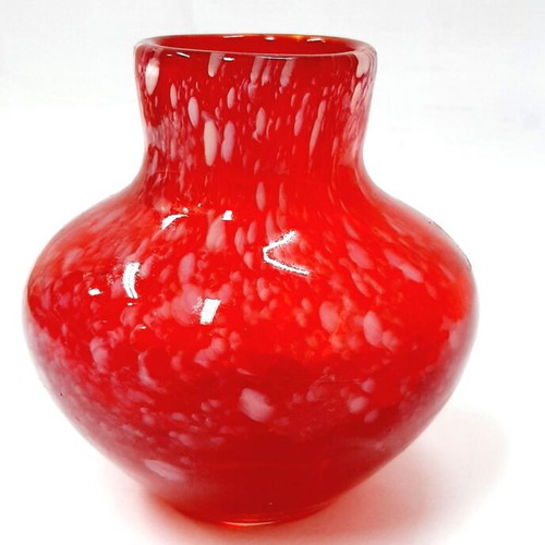 Ruby Red Glass Vase 1980s like new, white drops, 11 cm