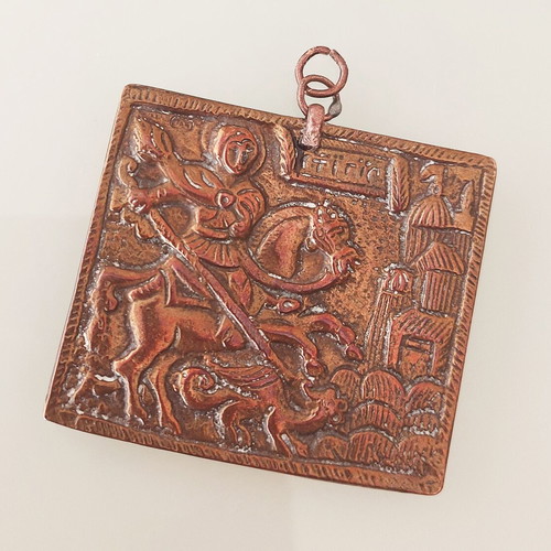 Antique 19th Century Mount Athos Monastic Bronze Saint George Pendant Amulet used