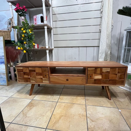 Wooden TV stand like new with vintage boho design