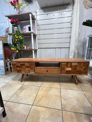 Wooden TV stand like new with vintage boho design