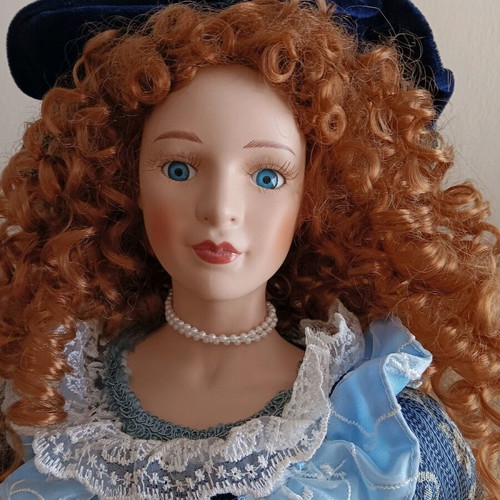 Vintage porcelain doll with velvet dress, large 80 cm