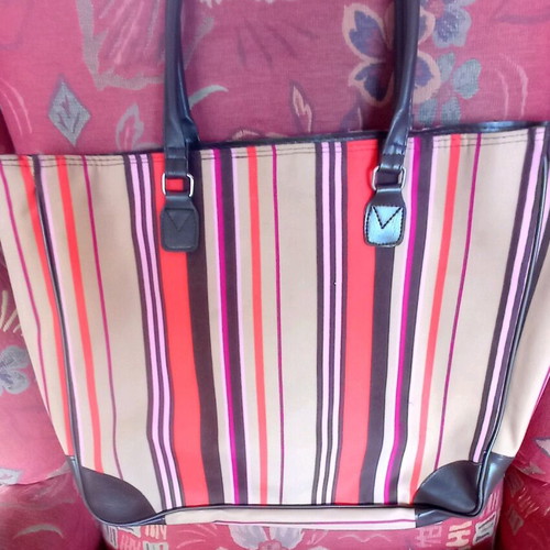 Striped shoulder beach bag used, brown and orange