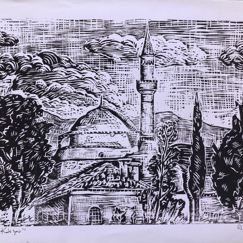 Unique woodcut 'Landscape at the Castle' Aslan Mosque new 50x35cm
