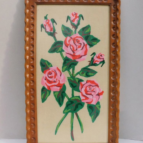 Embroidered paintings with protective glass and wooden ornate frame, set of two