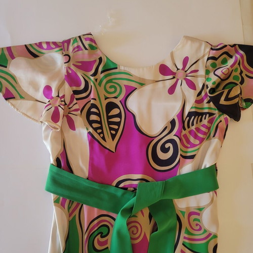 Bariana Colourful Floral Midi Dress with Green Belt Size L 44 like new