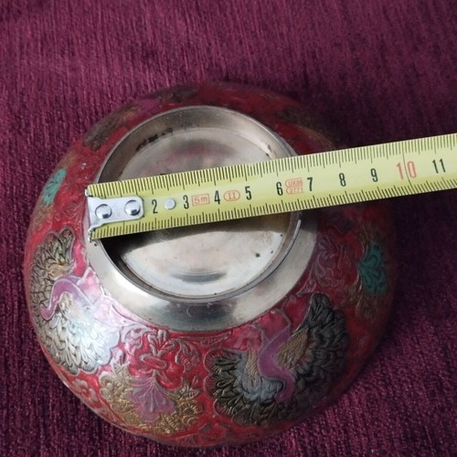 Indian brass bowl used with colorful enamel peacock design