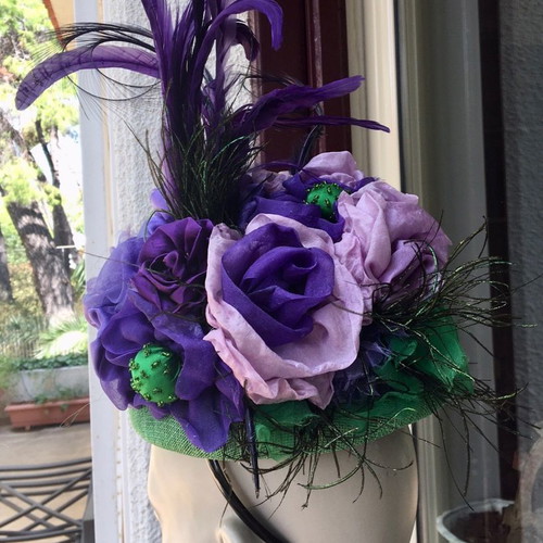 Fascinator hat new, handmade with silk fabrics and feathers