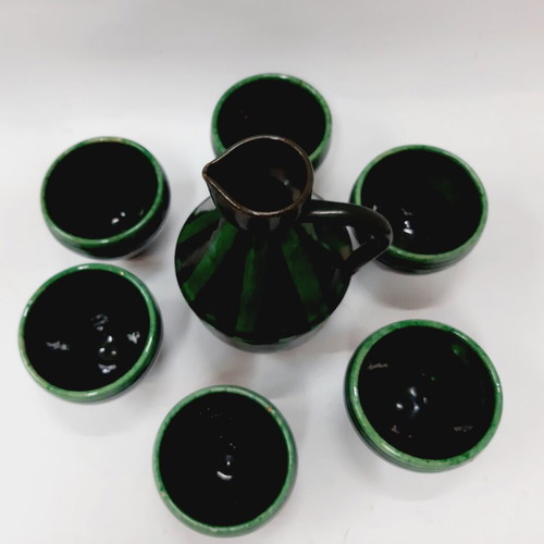 Troyan Ceramic Set like new, jug and 6 cups green and black glaze
