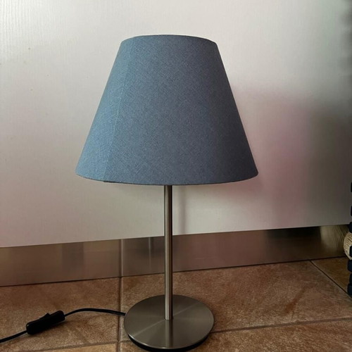 IKEA Skottorp table lamp with blue fabric shade used