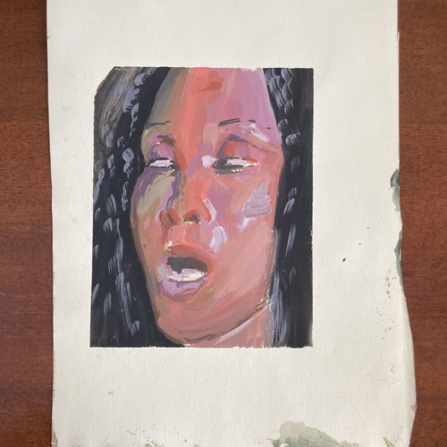 Female face acrylic painting on cardboard used