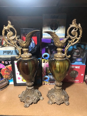 Spelter ewers used with ceramic body, Art Nouveau, set of 2