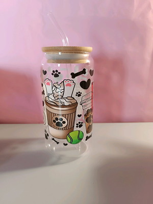Glass mug with animal theme, handmade, 550ml with glass straw