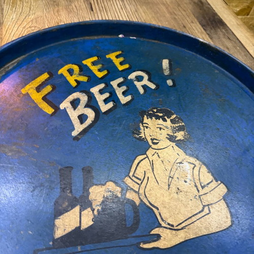 Vintage metal tray "Free Beer" used, retro pub decor