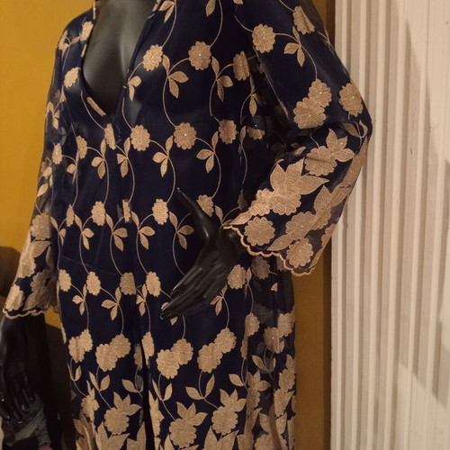 Dress kimono dark blue with gold beige floral embroidery and strass new L/XL
