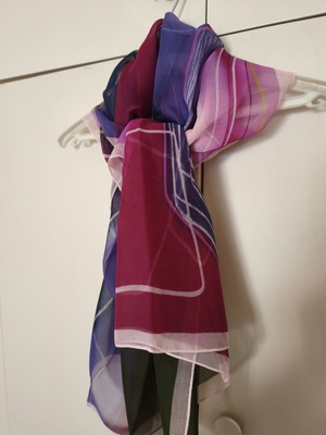 Scarf like new, airy with fuchsia, purple and blue shades