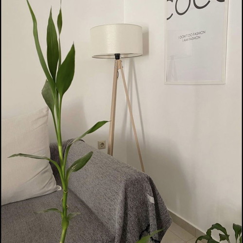 Floor lamp tripod with beige shade and wooden base new